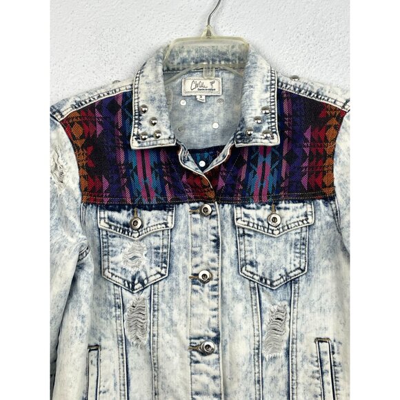 Vintage ChiQle Denim Architect Y2K Distressed Southwestern Jean Jacket Size S - Picture 2 of 8